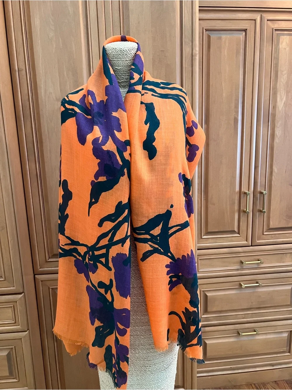 Marimekko Orange Floral Scarf with Purple & Dark Green Prints